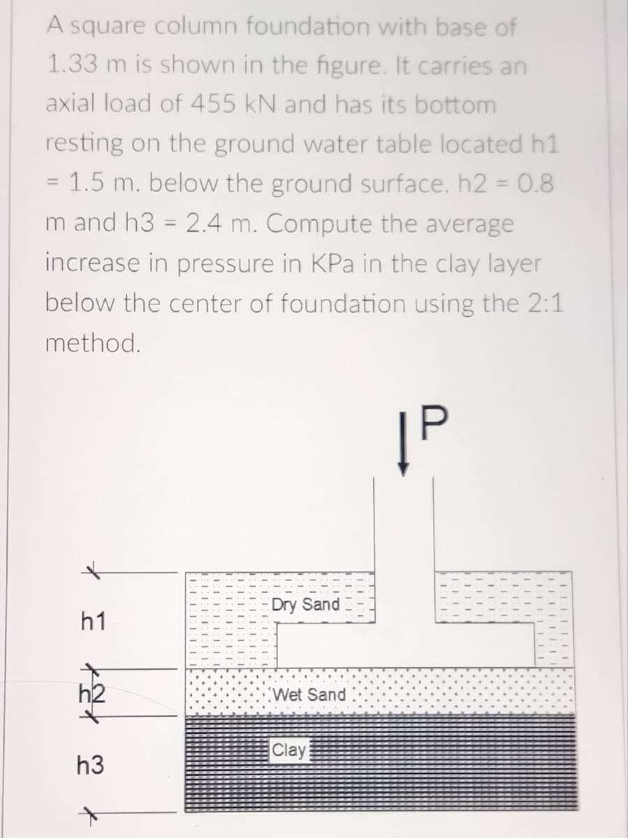 A square column foundation with base of
1.33 m is shown in the figure. It carries an
axial load of 455 kN and has its bottom
resting on the ground water table located h1
= 1.5 m. below the ground surface. h2 = 0.8
m and h3 = 2.4 m. Compute the average
increase in pressure in KPa in the clay layer
below the center of foundation using the 2:1
method.
|P
X
h1
ko
h3
EL
Dry Sand
Wet Sand
Clay