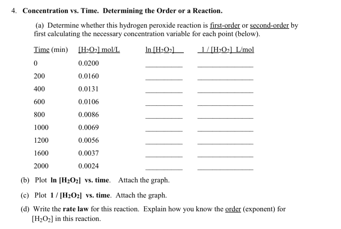 4. Concentration vs. Time. Determining the Order or a Reaction.
(a) Determine whether this hydrogen peroxide reaction is first-order or second-order by
first calculating the necessary concentration variable for each point (below).
In [H₂O₂]
1/[H₂O₂] L/mol
Time (min) [H₂O₂] mol/L
0
0.0200
200
0.0160
400
0.0131
600
0.0106
800
0.0086
1000
0.0069
1200
0.0056
1600
0.0037
2000
0.0024
(b) Plot In [H₂O₂] vs. time.
Attach the graph.
(c) Plot 1/[H₂O2] vs. time.
Attach the graph.
(d) Write the rate law for this reaction. Explain how you know the order (exponent) for
[H₂O₂] in this reaction.