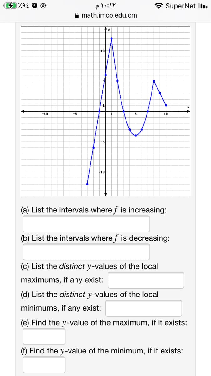 * SuperNet II.
A math.imco.edu.om
+y
10
-10
-5
18
-10
(a) List the intervals where f is increasing:
(b) List the intervals where f is decreasing:
(c) List the distinct y-values of the local
maximums, if any exist:
(d) List the distinct y-values of the local
minimums, if any exist:
(e) Find the y-value of the maximum, if it exists:
(f) Find the y-value of the minimum, if it exists:
