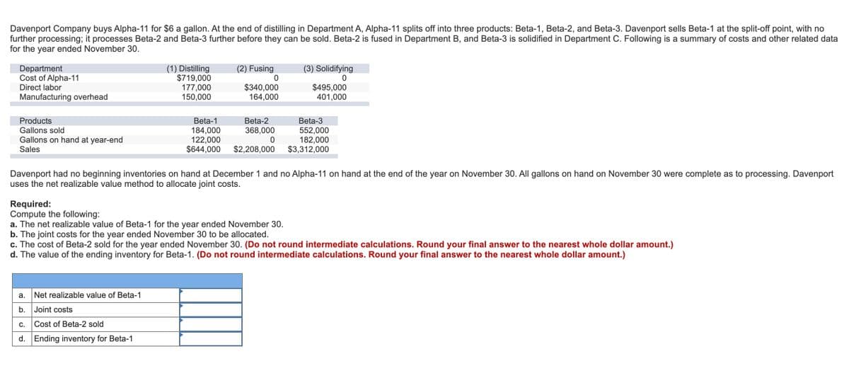 Davenport Company buys Alpha-11 for $6 a gallon. At the end of distilling in Department A, Alpha-11 splits off into three products: Beta-1, Beta-2, and Beta-3. Davenport sells Beta-1 at the split-off point, with no
further processing; it processes Beta-2 and Beta-3 further before they can be sold. Beta-2 is fused in Department B, and Beta-3 is solidified in Department C. Following is a summary of costs and other related data
for the year ended November 30.
(2) Fusing
Department
Cost of Alpha-11
Direct labor
(1) Distilling
$719,000
177,000
150,000
(3) Solidifying
$340,000
164,000
$495,000
401,000
Manufacturing overhead
Products
Beta-1
Beta-2
Beta-3
184,000
122,000
$644,000
552,000
182,000
$3,312,000
Gallons sold
368,000
Gallons on hand at year-end
Sales
$2,208,000
Davenport had no beginning inventories on hand at December 1 and no Alpha-11 on hand at the end of the year on November 30. All gallons on hand on November 30 were complete as to processing. Davenport
uses the net realizable value method to allocate joint costs.
Required:
Compute the following:
a. The net realizable value of Beta-1 for the year ended November 30.
b. The joint costs for the year ended November 30 to be allocated.
c. The cost of Beta-2 sold for the year ended November 30. (Do not round intermediate calculations. Round your final answer to the nearest whole dollar amount.)
d. The value of the ending inventory for Beta-1. (Do not round intermediate calculations. Round your final answer to the nearest whole dollar amount.)
а.
Net realizable value of Beta-1
b.
Joint costs
С.
Cost of Beta-2 sold
d. Ending inventory for Beta-1
