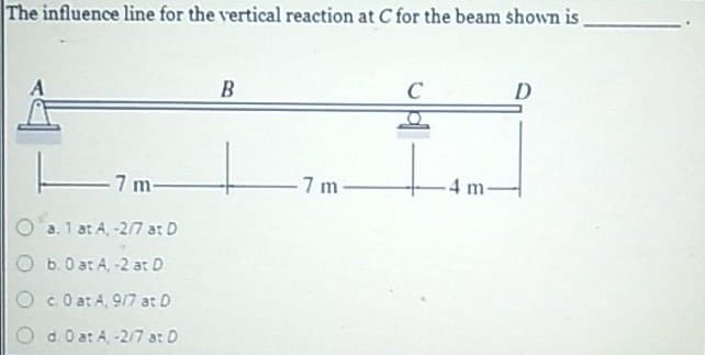 The influence line for the vertical reaction at C for the beam shown is
B
D
7 m-
7 m-
-4 m-
a. 1 at A, -2/7 at D
b.0 at A, -2 at D
O c.0 at A, 9/7 at D
O d.0 at A, -2/7 a: D
