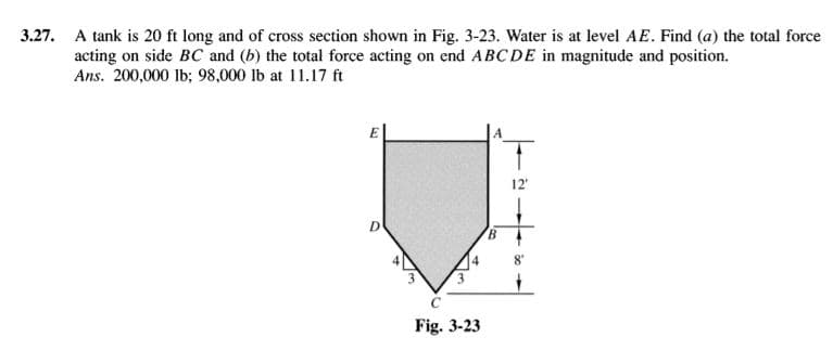 3.27. A tank is 20 ft long and of cross section shown in Fig. 3-23. Water is at level AE. Find (a) the total force
acting on side BC and (b) the total force acting on end ABCDE in magnitude and position.
Ans. 200,000 lb; 98,000 lb at 11.17 ft
12
B.
Fig. 3-23
