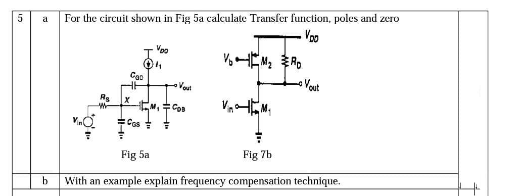 5
a For the circuit shown in Fig 5a calculate Transfer function, poles and zero
VDD
b
ܚܐ ܀
Vino
CGD
Rs X
7
VDO
Vout
M₁COB
CGS= =
VM₂ Ro
Vintham
Vout
Fig 5a
Fig 7b
With an example explain frequency compensation technique.