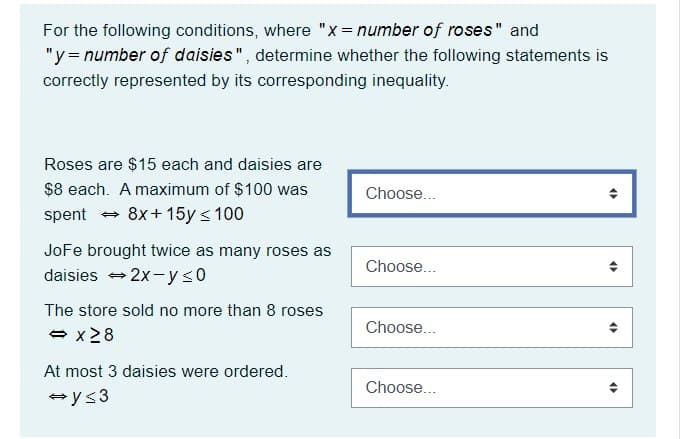 For the following conditions, where "x= number of roses" and
"y= number of daisies", determine whether the following statements is
correctly represented by its corresponding inequality.
Roses are $15 each and daisies are
$8 each. A maximum of $100 was
spent + 8x+ 15y < 100
Choose...
JoFe brought twice as many roses as
Choose..
daisies +2x-y s0
The store sold no more than 8 roses
Choose...
- x28
At most 3 daisies were ordered.
Choose...
y<3
