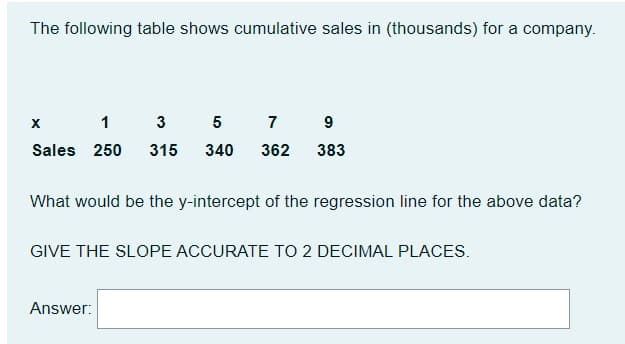 The following table shows cumulative sales in (thousands) for a company.
1 3 5 7 9
Sales 250
315
340
362
383
What would be the y-intercept of the regression line for the above data?
GIVE THE SLOPE ACCURATE TO 2 DECIMAL PLACES.
Answer:
