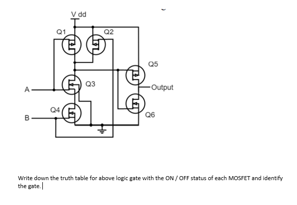 V dd
Q1
Q2
Q5
Q3
A
-Output
Q4
Q6
Write down the truth table for above logic gate with the ON / OFF status of each MOSFET and identify
the gate.
