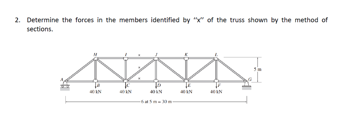 2. Determine the forces in the members identified by "x" of the truss shown by the method of
sections.
H
B
40 KN
40 kN
D
40 KN
6 at 5 m 30 m
K
40 kN
40 kN
G
5 m