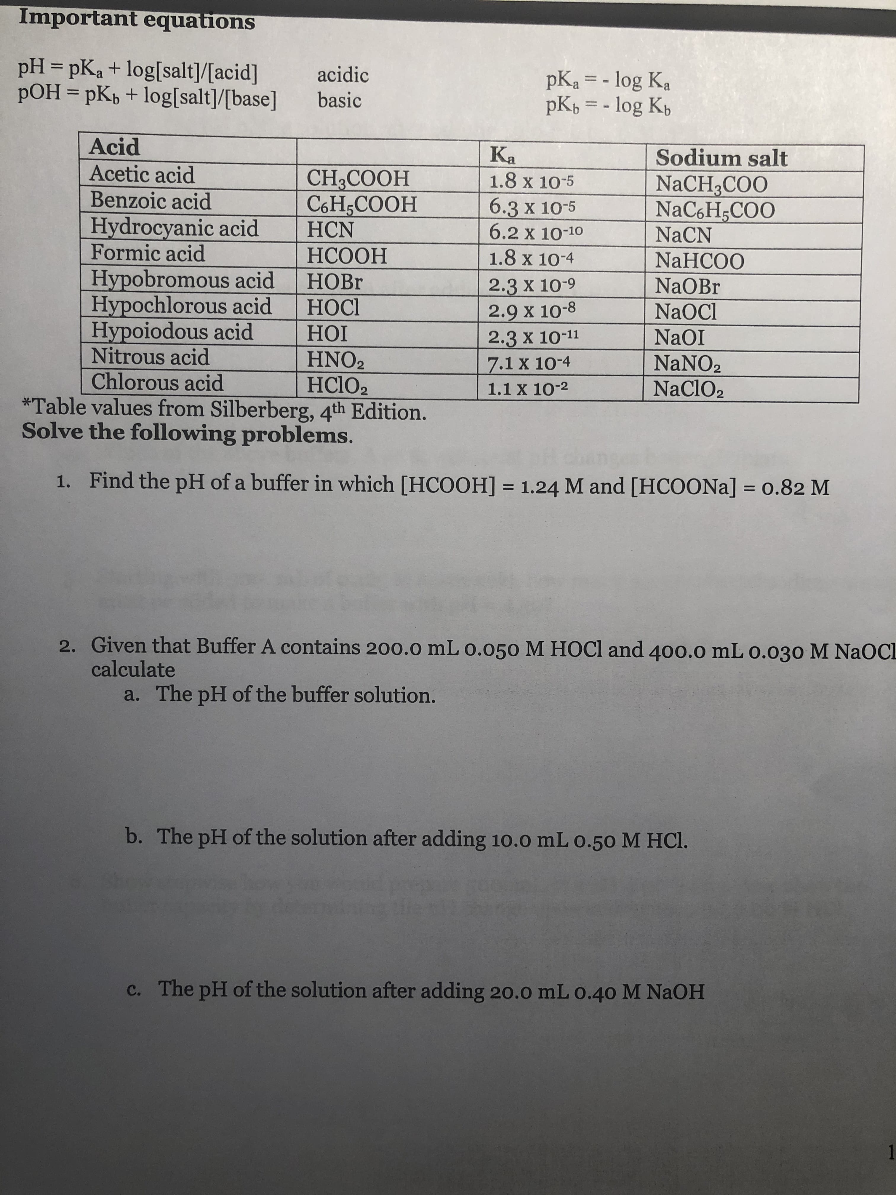 Important equations
pH = pK, + log[salt],[acid]
pOH = pKb + log[salt]/[base]
acidic
basic
pKalog Ka
pK,log Kb
Acid
Acetic acid
Benzoic acid
CH2COOH
CsH5COOH
HCOOH
Ka
1.8 x 10-5
Sodium salt
NaCH3COC
NaC6H.СОО
NaCN
| 63 X 10-5
Hydrocyanic acid HCN
Formic acid
Hypobromous acid HOBr
Hypochlorous acid HOC
Hypoiodous acid
Nitrous acid
Chlorous acid HCIO2
6.2 x 10-10
1.8 x 10-4 NaHCOO
2.3 x 109
NaOBr
NaOCl
NaOI
NaNO2
2.9 x 10-8
2.3 X 10-11
7,1 x 10-4
1.1 x 10-2
HNO2
Chlorous acid
NaCIO2
*Table values from Silberberg, 4th Edition
Solve the following problems
1. Find the pH of a buffer in which [HCOOH] 1.24 M and [HCOONa] 0.82 M
Given that Buffer A contains 20o.o mL o.050 M HOCl and 400.0 mL o.030 M NaoCl
calculate
2.
a.
The pH of the buffer solution
b. The pH of the solution after adding 10.0 mL 0.50 M HC.
c. The pH of the solution after adding 20.0 mL o.40 M NaOH
