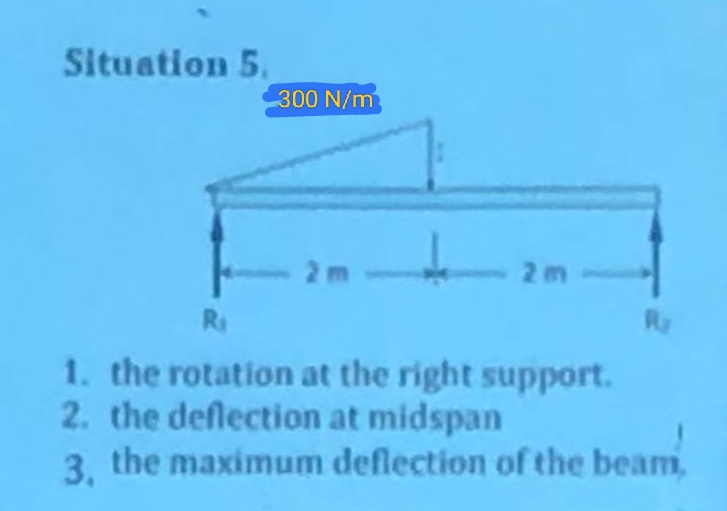 Situation 5.
300 N/m
2m
Ri
1. the rotation at the right support.
2. the deflection at midspan
3, the maximum deflection of the beam,