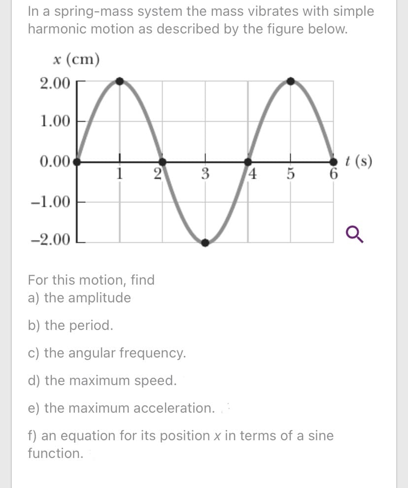 In a spring-mass system the mass vibrates with simple
harmonic motion as described by the figure below.
x (cm)
2.00
1.00
0.00
t (s)
3
4
-1.00
-2.00
For this motion, find
a) the amplitude
b) the period.
c) the angular frequency.
d) the maximum speed.
e) the maximum acceleration.
f) an equation for its position x in terms of a sine
function.
