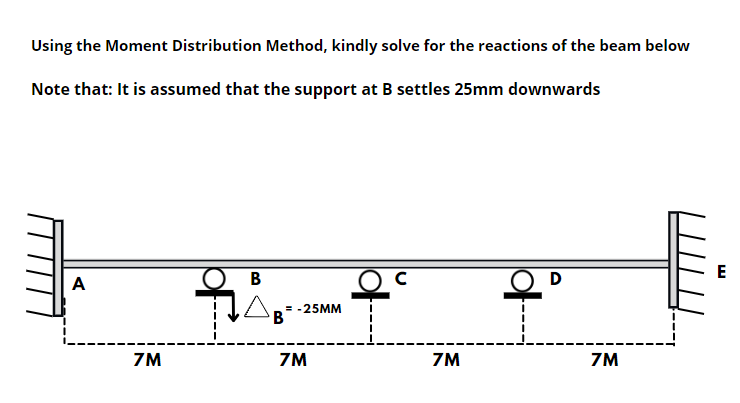 Using the Moment Distribution Method, kindly solve for the reactions of the beam below
Note that: It is assumed that the support at B settles 25mm downwards
E
A
В
= -25MM
В
7M
ZM
ZM
ZM

