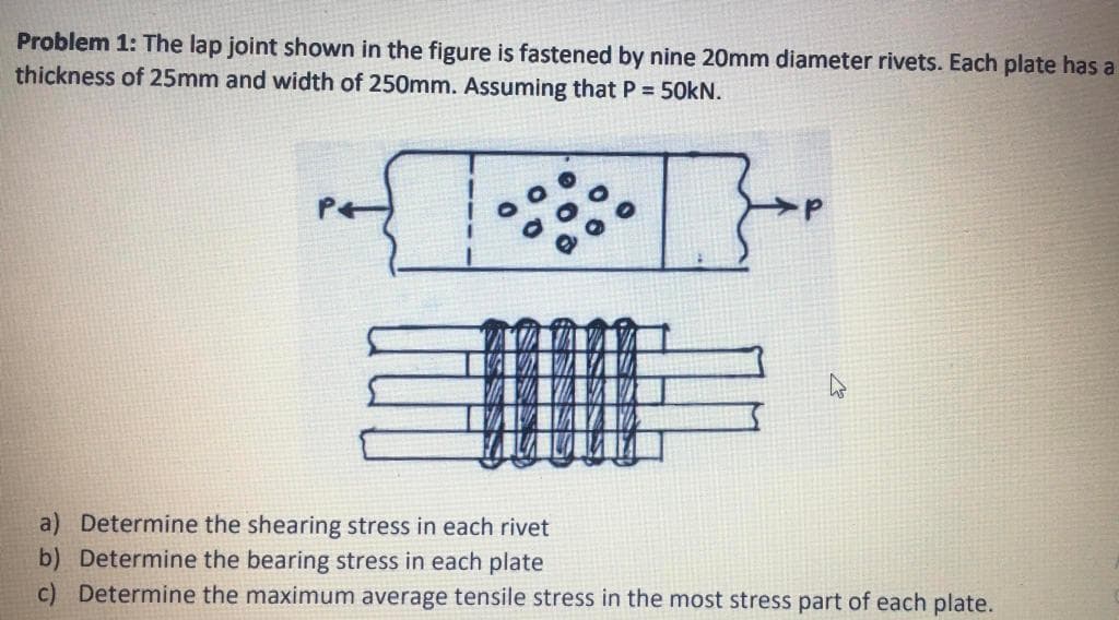 Problem 1: The lap joint shown in the figure is fastened by nine 20mm diameter rivets. Each plate has a
thickness of 25mm and width of 250mm. Assuming that P = 50kN.
a) Determine the shearing stress in each rivet
b) Determine the bearing stress in each plate
c) Determine the maximum average tensile stress in the most stress part of each plate.
