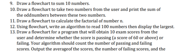 9. Draw a flowchart to sum 10 numbers.
10. Draw a flowchart to take two numbers from the user and print the sum of
the oddnumbers between these two numbers.
11. Draw a flowchart to calculate the factorial of number n.
12. Using flowchart, write an algorithm to read 100 numbers then display the largest.
13. Draw a flowchart for a program that will obtain 10 exam scores from the
user and determine whether the score is passing (a score of 60 or above) or
failing. Your algorithm should count the number of passing and failing
scores. Output the averageof the scores, the number of failing scores, and the

