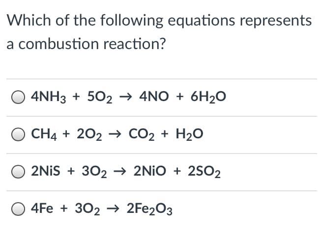 Which of the following equations represents
a combustion reaction?
4NH3 + 502 → 4NO + 6H2O
CH4 + 202 → CO2 + H20
2NİS + 302 → 2NİO + 2SO2
4Fe + 302 → 2Fe2O3
