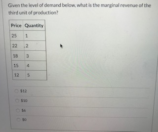 Given the level of demand below, what is the marginal revenue of the
third unit of
production?
Price Quantity
25 1
22
.2
18
3
15
12
O
4
$12
5
$6
$10
10