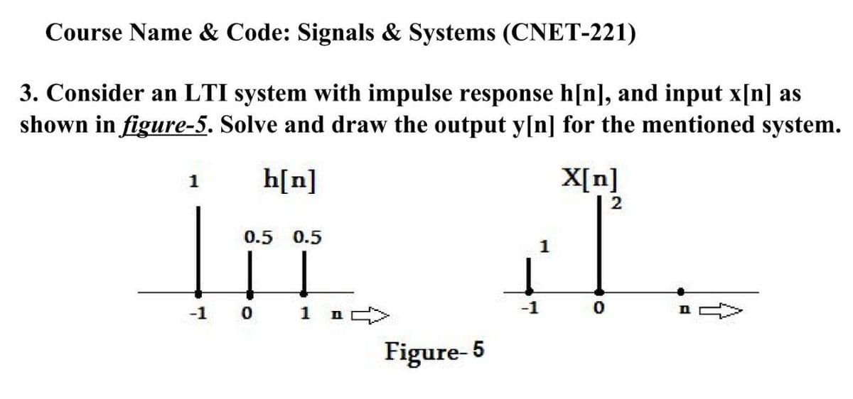 Course Name & Code: Signals & Systems (CNET-221)
3. Consider an LTI system with impulse response h[n], and input x[n] as
shown in figure-5. Solve and draw the output y[n] for the mentioned system.
h[n]
X[n]
1
0.5
0.5
1
-1
-1
Figure- 5
