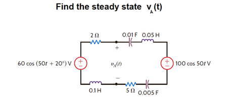 Find the steady state v (t)
20
0.01F 0.05 H
60 cos (50t + 20°) V
100 cos 50t V
ww
0.1H
50 0,005 F

