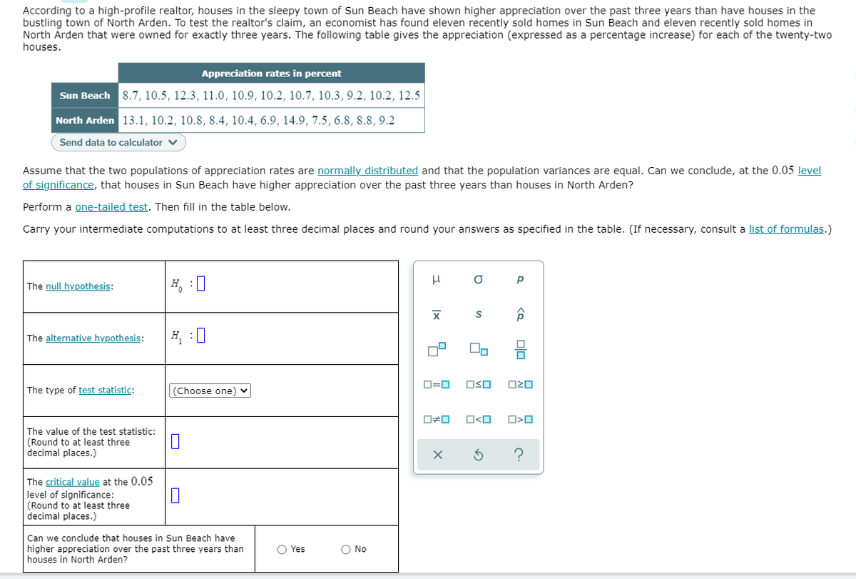 According to a high-profile realtor, houses in the sleepy town of Sun Beach have shown higher appreciation over the past three years than have houses in the
bustling town of North Arden. To test the realtor's claim, an economist has found eleven recently sold homes in Sun Beach and eleven recently sold homes in
North Arden that were owned for exactly three years. The following table gives the appreciation (expressed as a percentage increase) for each of the twenty-two
houses.
Appreciation rates in percent
Sun Beach 8.7, 10.5, 12.3, 11.0, 10.9, 10.2, 10.7, 10.3, 9.2, 10.2, 12.5
North Arden 13.1, 10.2, 10.8, 8.4, 10.4, 6.9, 14.9, 7.5, 6.8, 8.8, 9.2
Send data to calculator v
Assume that the two populations of appreciation rates are normally distributed and that the population variances are equal. Can we conclude, at the 0.05 level
of significance, that houses in Sun Beach have higher appreciation over the past three years than houses in North Arden?
Perform a one-tailed test. Then fill in the table below.
Carry your intermediate computations to at least three decimal places and round your answers as specified in the table. (If necessary, consult a list of formulas.)
H, :0
p
The null hypothesis:
The alternative hypothesis:
O=0
OSO
The type of test statistic:
(Choose one)
The value of the test statistic:
(Round to at least three
decimal places.)
The critical value at the 0.05
level of significance:
(Round to at least three
decimal places.)
Can we conclude that houses in Sun Beach have
higher appreciation over the past three years than
houses in North Arden?
O Yes
O No
Ix
