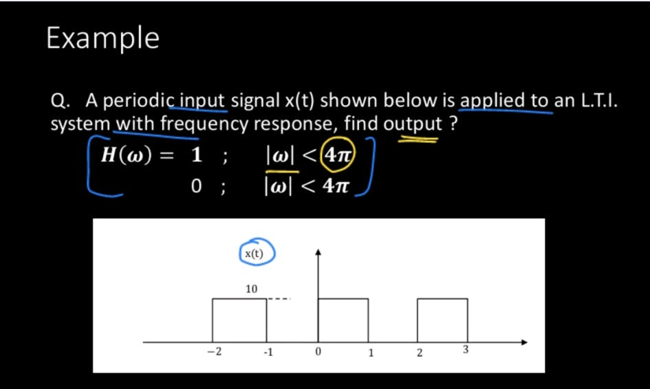 Example
Q. A periodic input signal x(t) shown below is applied to an L.T.I.
system with frequency response, find output ?
|w|<(4)
l < 4π
H(@) = 1 ;
0 ;
x(t)
10
-2
-1
3
2.
