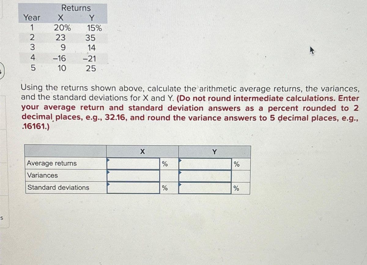 S
Year
1234
5
Returns
X
20%
23
9
-16
10
Y
15%
35
14
-21
25
Using the returns shown above, calculate the arithmetic average returns, the variances,
and the standard deviations for X and Y. (Do not round intermediate calculations. Enter
your average return and standard deviation answers as a percent rounded to 2
decimal places, e.g., 32.16, and round the variance answers to 5 decimal places, e.g.,
.16161.)
Average returns
Variances
Standard deviations
X
%
%
Y
%
%