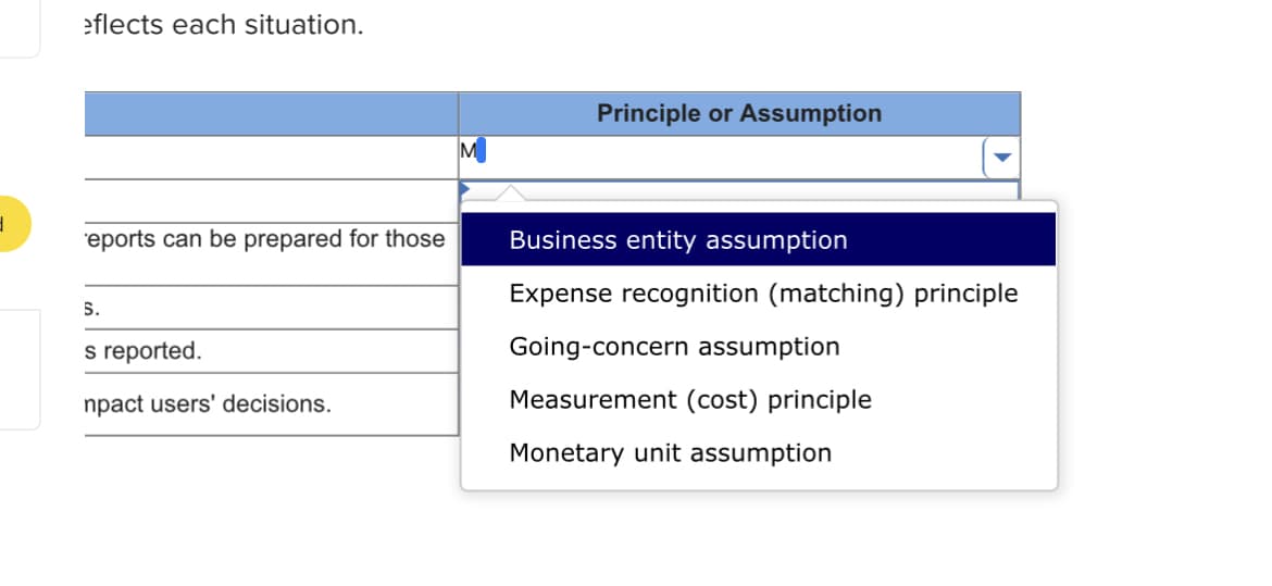 eflects each situation.
Principle or Assumption
eports can be prepared for those
Business entity assumption
Expense recognition (matching) principle
S.
s reported.
Going-concern assumption
npact users' decisions.
Measurement (cost) principle
Monetary unit assumption
