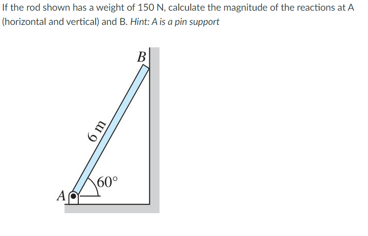 If the rod shown has a weight of 150 N, calculate the magnitude of the reactions at A
(horizontal and vertical) and B. Hint: A is a pin support
60°
A
