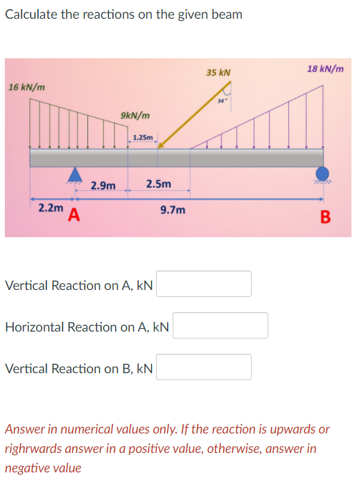 Calculate the reactions on the given beam
18 kN/m
35 kN
16 kN/m
9kN/m
1.25m
2.9m
2.5m
2.2m
9.7m
A
Vertical Reaction on A, kN
Horizontal Reaction on A, kN
Vertical Reaction on B, kN
Answer in numerical values only. If the reaction is upwards or
righrwards answer in a positive value, otherwise, answer in
negative value
