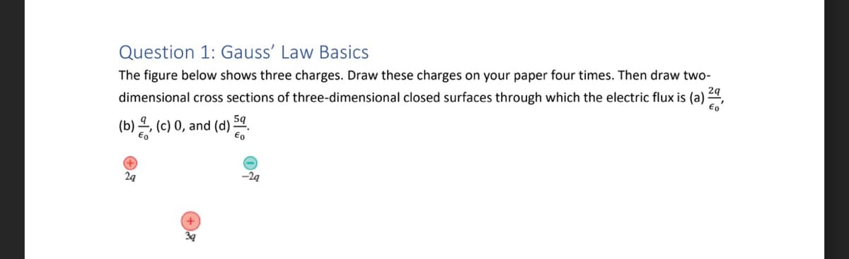 Question 1: Gauss' Law Basics
The figure below shows three charges. Draw these charges on your paper four times. Then draw two-
dimensional cross sections of three-dimensional closed surfaces through which the electric flux is (a) 24,
(b), (c) 0, and (d) 5
2q
39
-24