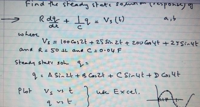 Find the steady state souti om respong
Po Gayad
Rdg + 19 = Vs (t)
a,b
where
Vs = loo Cos2t + 25 Sin 2t + 2ou Cos4t +25Sin4t
and R= S0SL and C=0.04 F
%3D
Steady state soh
9= A Sin 24 +B Cos Zt + c Sinut + D Cos4t
Vs vs t
1 vsヒ
P lot
use ExceI,
