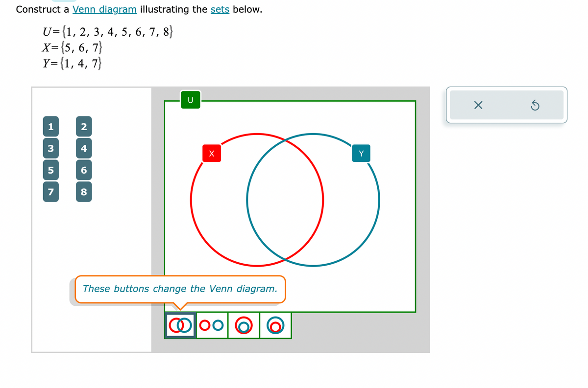 Construct a Venn diagram illustrating the sets below.
U= {1, 2, 3, 4, 5, 6, 7, 8)
X=(5, 6, 7)
7}
Y={1, 4, 7)
7}
3
7
2
4
6
8
U
X
These buttons change the Venn diagram.
OOOO O
X