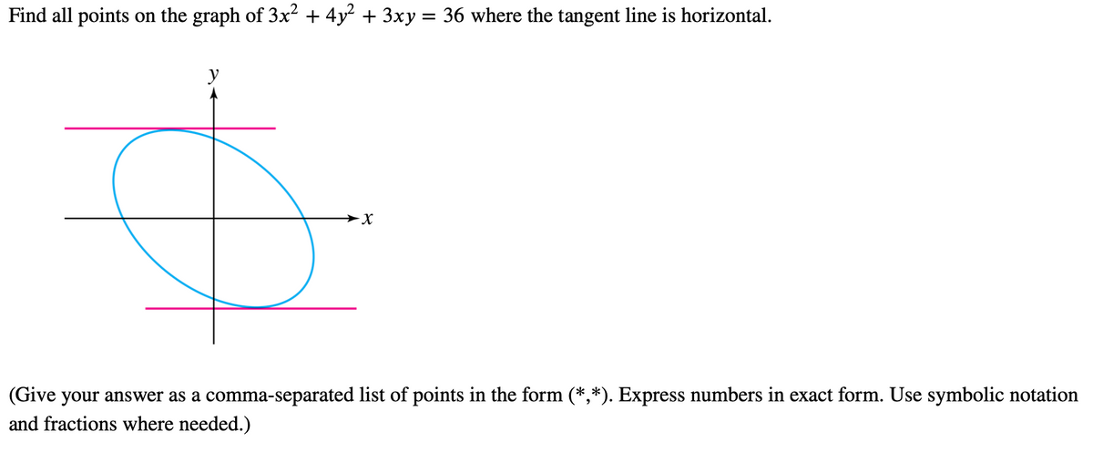 Find all points on the graph of 3x? + 4y + 3xy = 36 where the tangent line is horizontal.
y
(Give your answer as a comma-separated list of points in the form (*,*). Express numbers in exact form. Use symbolic notation
and fractions where needed.)
