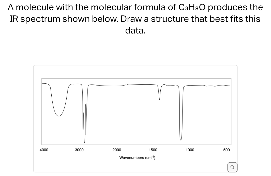 A molecule with the molecular formula of C3H8O produces the
IR spectrum shown below. Draw a structure that best fits this
data.
V
4000
3000
1500
Wavenumbers (cm-¹)
2000
1000
500
