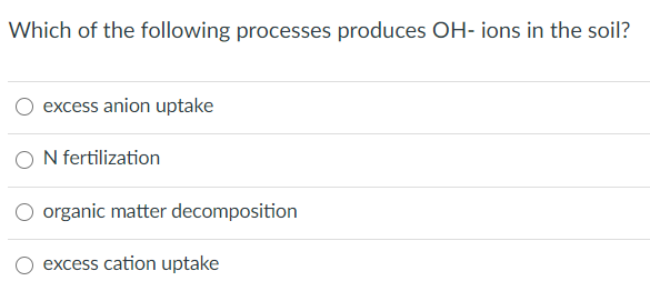 Which of the following processes produces OH- ions in the soil?
excess anion uptake
O N fertilization
O organic matter decomposition
excess cation uptake
