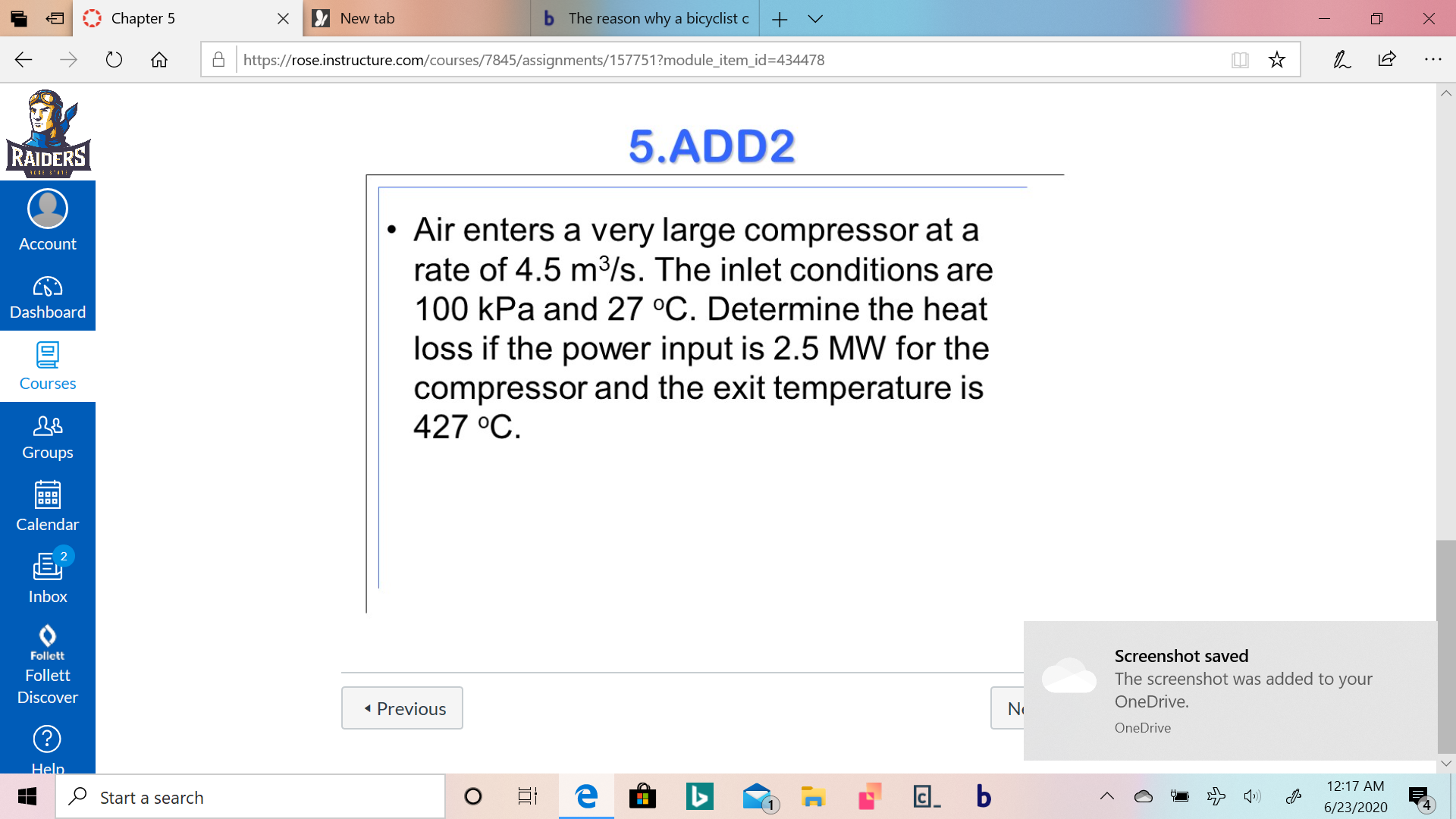 • Air enters a very large compressor at a
rate of 4.5 m3/s. The inlet conditions are
100 kPa and 27 °C. Determine the heat
loss if the power input is 2.5 MW for the
compressor and the exit temperature is
427 °C.
