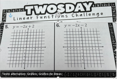 TWOSDAY
22a022:222
Linear FunctiSns Challenge
5. y = -2x +2
6. y = -2x – 2
Texto alternativo: Gráfico, Gráfico de líneas G77 iC 7
22 21222222222
