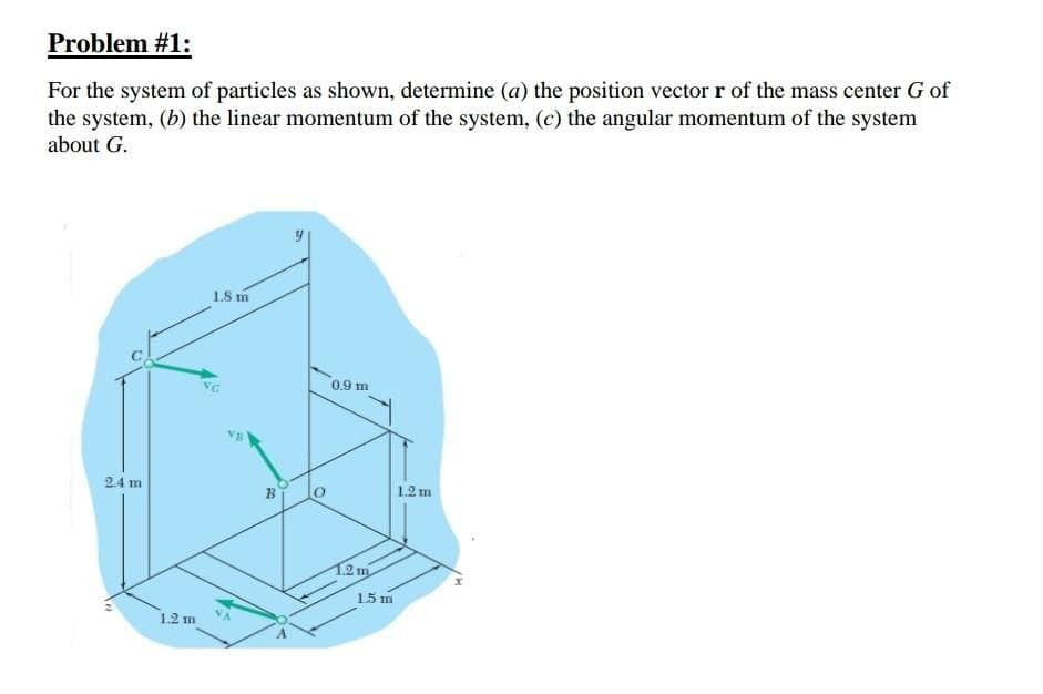 Problem #1:
For the system of particles as shown, determine (a) the position vector r of the mass center G of
the system, (b) the linear momentum of the system, (c) the angular momentum of the system
about G.
1.8 m
0.9 m
VC
24 m
1.2 m
1.2m
15 m
1.2 m
