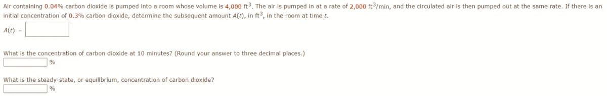 Air containing 0.04% carbon dioxide is pumped into a room whose volume is 4,000 ft3. The air is pumped in at a rate of 2,000 ft3/min, and the circulated air is then pumped out at the same rate. If there is an
initial concentration of 0.3% carbon dioxide, determine the subsequent amount A(t), in ft³, in the room at time t.
A(t) =
What is the concentration of carbon dioxide at 10 minutes? (Round your answer to three decimal places.)
%
What is the steady-state, or equilibrium, concentration of carbon dioxide?
%