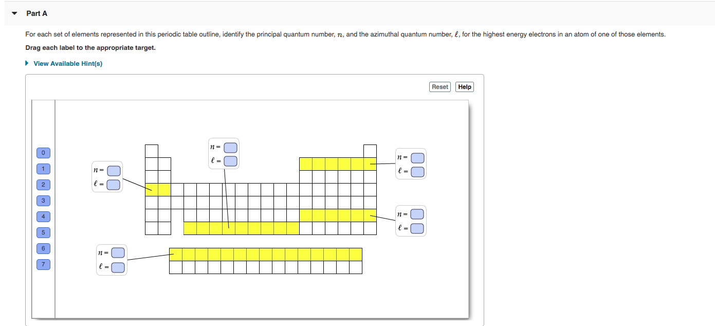 Part A
For each set of elements represented in this periodic table outline, identify the principal quantum number, n, and the azimuthal quantum number, £, for the highest energy electrons in an atom of one of those elements.
Drag each label to the appropriate target.
• View Available Hint(s)
Reset
Help
3
00
