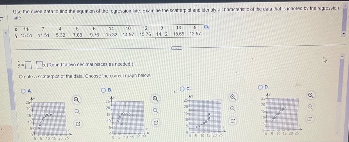 Use the given data to find the equation of the regression line. Examine the scatterplot and identify a characteristic of the data that is ignored by the regression
line.
X 11-
7
y 15.51 11.51
A.
Ay
y=+x (Round to two decimal places as needed.)
Create a scatterplot of the data. Choose the correct graph below.
25-
20-
15-
10
4
5
5.32 7.69
Soooo 0.0.0
6 14 10
9.76 15.32 14.97
5-
0-
0 5 10 15 20 25
B.
Ау
25-
20-
15-3
10-
5
10-
0
12
15.76
09.00
5 10 15 20 25
9
14.12
Q
Q
G
13 8
15.69 12.97
OC.
Ау
25-
20
15
103
5-3
0-
0 5 10 15 20 25
00.00 DE
Q
OU
OD.
AY
25-
20-
0000000000
15-
10-
5:
0-
0 5 10 15 20 25
Q
OU
27