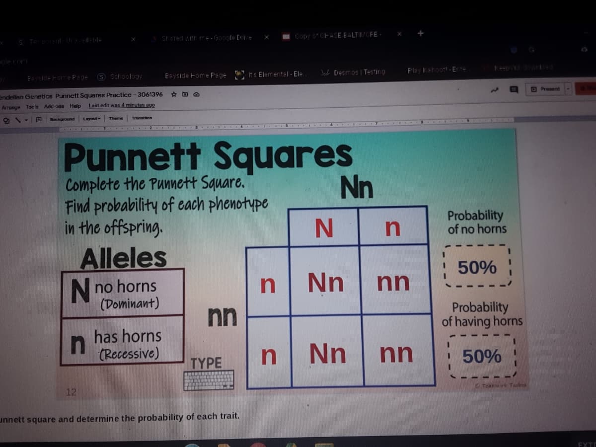 ICop oCEASE EALTILCFE
bad DESTOS Testing
Play Kahoott-Er
Eayside Fome Page
9 Schoology
Eayside Fome Pege Its Elem ental - El-
D Present
endellan Genetics Punnett Squares Practice - 3061396
Last edit was 4 minutes ago
☆回
Arrenge Tools Add-ons
Help
田
Transition
LaYoutY
Theme
911
Background
Punnett Squares
Nn
Complete the Punnett Square.
Find probability of cach phenotype
in the offspring.
N
Probability
of no horns
Alleles
! 50%
Nn
no horns
(Dominant)
nn
Probability
of having horns
has horns
in
(Recessive)
Nn
nn
50%
ΤΥΡΕ
O Tenark Tol
12
unnett square and determine the probability of each trait.
EXTI
