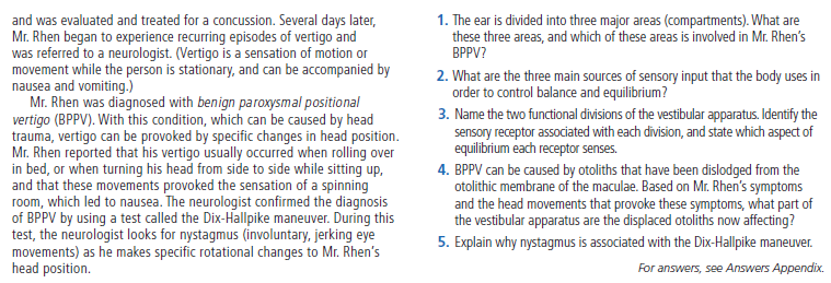 1. The ear is divided into three major areas (compartments). What are
these three areas, and which of these areas is involved in Mr. Rhen's
BPPV?
and was evaluated and treated for a concussion. Several days later,
Mr. Rhen began to experience recurring episodes of vertigo and
was referred to a neurologist. (Vertigo is a sensation of motion or
movement while the person is stationary, and can be accompanied by
nausea and vomiting.)
Mr. Rhen was diagnosed with benign paroxysmal positional
vertigo (BPPV). With this condition, which can be caused by head
trauma, vertigo can be provoked by specific changes in head position.
Mr. Rhen reported that his vertigo usually occurred when rolling over
in bed, or when turning his head from side to side while sitting up,
and that these movements provoked the sensation of a spinning
room, which led to nausea. The neurologist confirmed the diagnosis
of BPPV by using a test called the Dix-Hallpike maneuver. During this
test, the neurologist looks for nystagmus (involuntary, jerking eye
movements) as he makes specific rotational changes to Mr. Rhen's
head position.
2. What are the three main sources of sensory input that the body uses in
order to control balance and equilibrium?
3. Name the two functional divisions of the vestibular apparatus. Identify the
sensory receptor associated with each division, and state which aspect of
equilibrium each receptor senses.
4. BPPV can be caused by otoliths that have been dislodged from the
otolithic membrane of the maculae. Based on Mr. Rhen's symptoms
and the head movements that provoke these symptoms, what part of
the vestibular apparatus are the displaced otoliths now affecting?
5. Explain why nystagmus is associated with the Dix-Hallpike maneuver.
For answers, see Answers Appendix.
