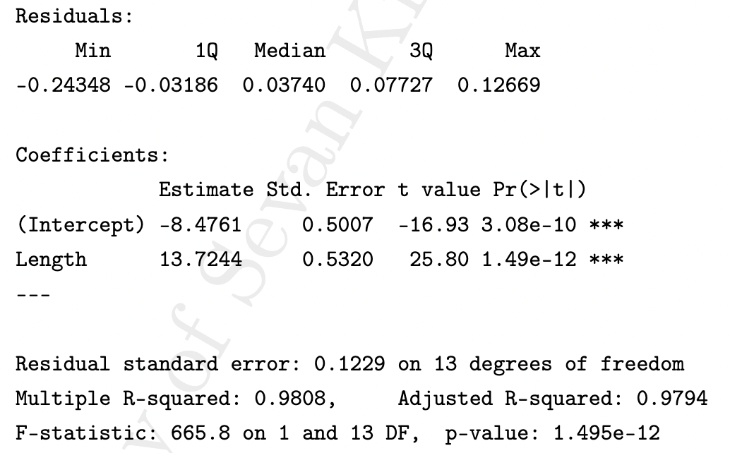 Residuals:
Min
1Q Median
3Q
Max
-0.24348 -0.03186 0.03740 0.07727 0.12669
Coefficients:
an
Estimate Std. Error t value Pr(>|t|)
(Intercept) -8.4761 0.5007 -16.93 3.08e-10 ***
Length
13.7244
0.5320 25.80 1.49e-12 ***
f
Residual standard error: 0.1229 on 13 degrees of freedom
Multiple R-squared: 0.9808, Adjusted R-squared: 0.9794
F-statistic: 665.8 on 1 and 13 DF, p-value: 1.495e-12