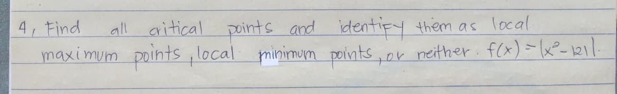 points and identify them as local
minimum points or neither. f(x)~x°-121.
4, Find
all aritical
maximum points ,local
.
