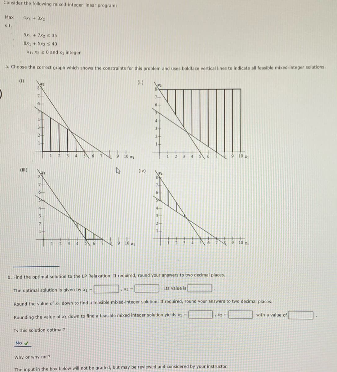 Consider the following mixed-integer linear program:
Max
4x1 + 3x2
s.t.
5x1 + 7x2 s 35
8x1 + 5x2 s 40
X1, X2 20 and x1 integer
a. Choose the correct graph which shows the constraints for this problem and uses boldface vertical lines to indicate all feasible mixed-integer solutions.
(i)
(ii)
6.
3-
2-
1.
123
4
6.
7.
9.
10 z1
1
3.
6.
10 z
(ii)
(iv)
6-
4-
4-
3-
3.
2-
2-
14
1+
9 10 z
4
5'
6.
9 10 z1
b. Find the optimal solution to the LP Relaxation. If required, round your answers to two decimal places.
The optimal solution is given by x1 =
,X2 =
Its value is
Round the value of x1 down to find a feasible mixed-integer solution. If required, round your answers to two decimal places.
with a value of
Rounding the value of x1 down to find a feasible mixed integer solution yields x1 =
Is this solution optimal?
No v
Why or why not?
The input in the box below will not be graded, but may be reviewed and considered by your instructor.
