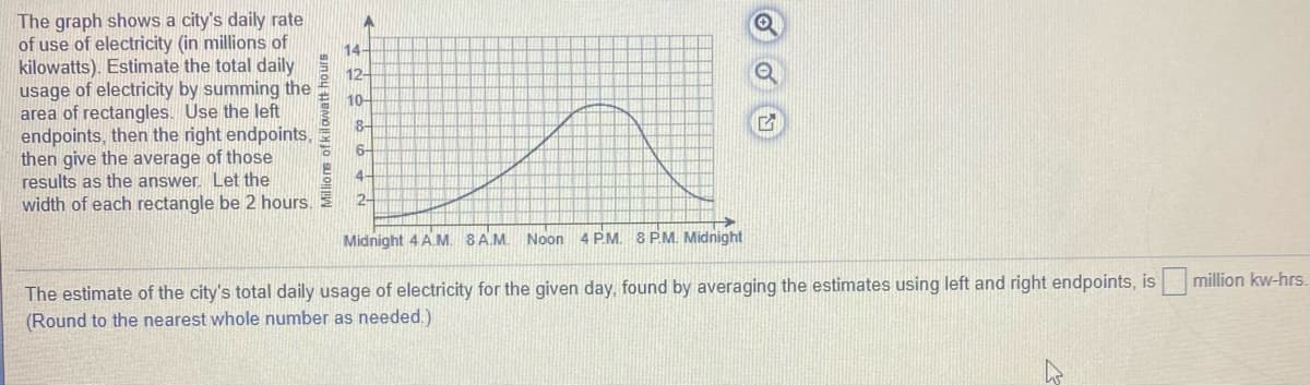 The graph shows a city's daily rate
of use of electricity (in millions of
kilowatts). Estimate the total daily
usage of electricity by summing the
area of rectangles. Use the left
endpoints, then the right endpoints,
then give the average of those
results as the answer. Let the
width of each rectangle be 2 hours.
14
12-
10-
8-
6-
4-
2-
Midnight 4 AM. 8A.M. Noon 4 PM. 8 P.M. Midnight
The estimate of the city's total daily usage of electricity for the given day, found by averaging the estimates using left and right endpoints, is million kw-hrs.
(Round to the nearest whole number as needed.)
Millions ofkilowatt hours
