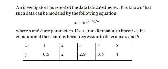 An investigator has reported the datatabulated below. It is known that
such data can be modeled by the following equation:
x = e(v-b)/a
where a and b are parameters. Use a transformationto linearize this
equation and then employ linear regression to determine a and b.
1
2
4
5
y
0.5
2
2.9
3.5
4
