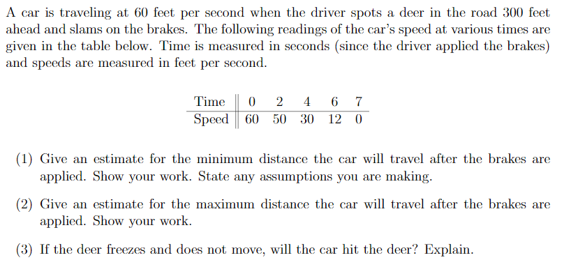 A car is traveling at 60 feet per second when the driver spots a deer in the road 300 feet
ahead and slams on the brakes. The following readings of the car's speed at various times are
given in the table below. Time is measured in seconds (since the driver applied the brakes)
and speeds are measured in feet per second.
Time
4
6
7
Speed 60 50 30 12 0
(1) Give an estimate for the minimum distance the car will travel after the brakes are
applied. Show your work. State any assumptions you are making.
(2) Give an estimate for the maximum distance the car will travel after the brakes are
applied. Show your work.
(3) If the deer freezes and does not move, will the car hit the deer? Explain.
