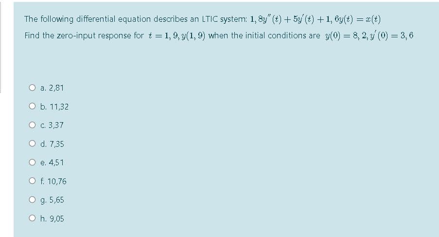 The following differential equation describes an LTIC system: 1, 8y" (t) + 5y (t) + 1, by(t) = x(t)
Find the zero-input response for t = 1, 9, y(1, 9) when the initial conditions are y(0) = 8, 2, y (0) = 3,6
О а. 2,81
O b. 11,32
O c. 3,37
O d. 7,35
е. 4,51
O f. 10,76
O g. 5,65
O h. 9,05
