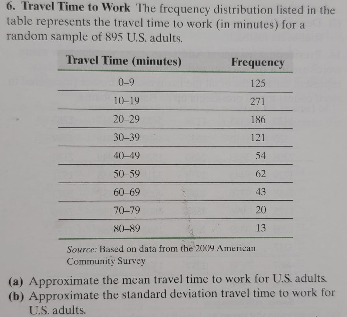 6. Travel Time to Work The frequency distribution listed in the
table represents the travel time to work (in minutes) for a
random sample of 895 U.S. adults.
Travel Time (minutes)
Frequency
0-9
125
10–19
271
20-29
186
30-39
121
40-49
54
50-59
62
60-69
43
70-79
20
80-89
13
Source: Based on data from the 2009 American
Community Survey
(a) Approximate the mean travel time to work for U.S. adults.
(b) Approximate the standard deviation travel time to work for
U.S. adults.
