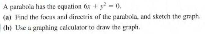 A parabola has the equation 6x + y = 0.
(a) Find the focus and directrix of the parabola, and sketch the graph.
%3D
(b) Use a graphing calculator to draw the graph.
